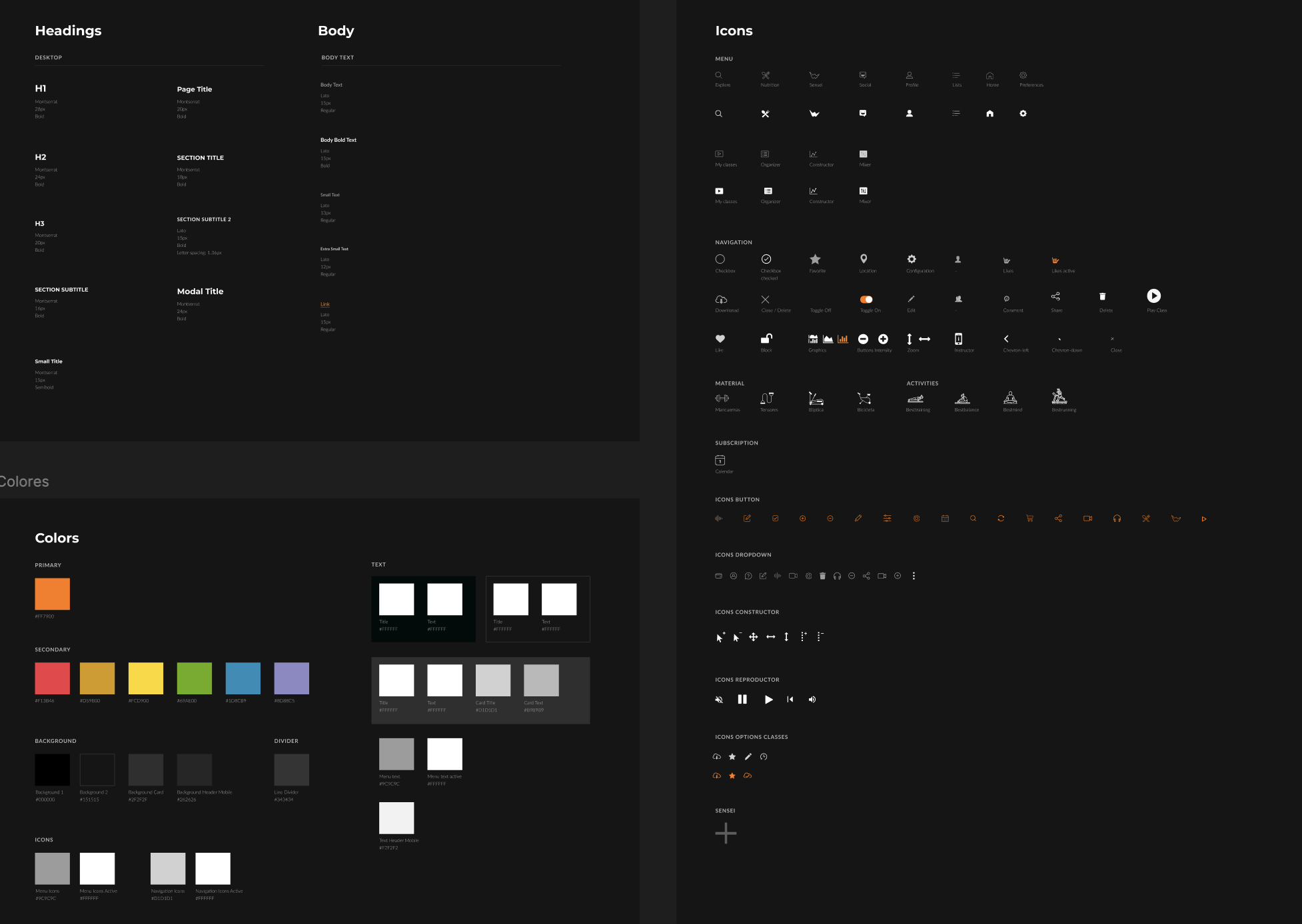 Documentación de tamaños de textos, colores e iconos
